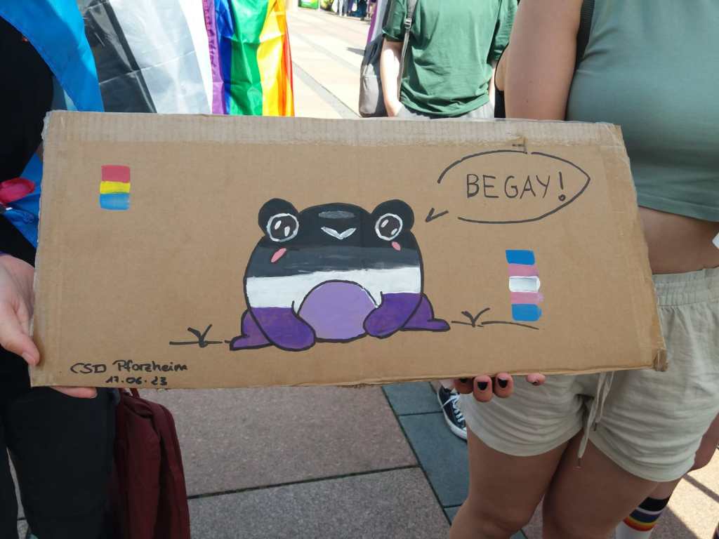 Zwei sommerlich gekleidete Personen halten ein selbstgemaltes Demoschild. Darauf ein Frosch in den Farben der asexuellen Flagge, der "Be Gay!" (Sei schwul/fröhlich) sagt. Datiert auf CSD Pforzheim 17.6.2023
